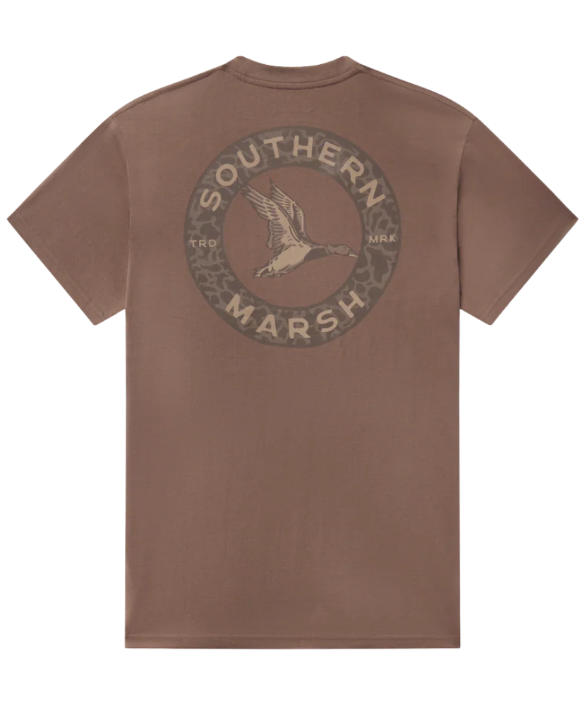 Brown t-shirt with 'Southern Marsh' logo AND mallard duck on the back against a white background