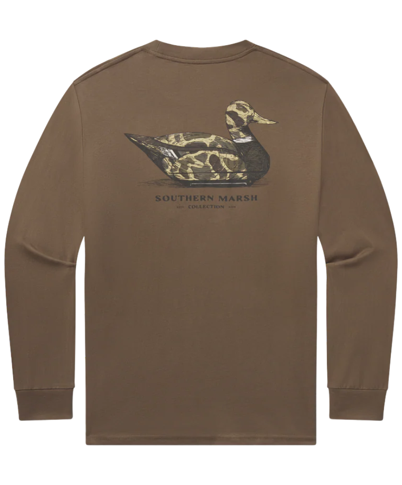 Brown long-sleeve shirt with duck graphic and 'Southern Marsh' text on a white background