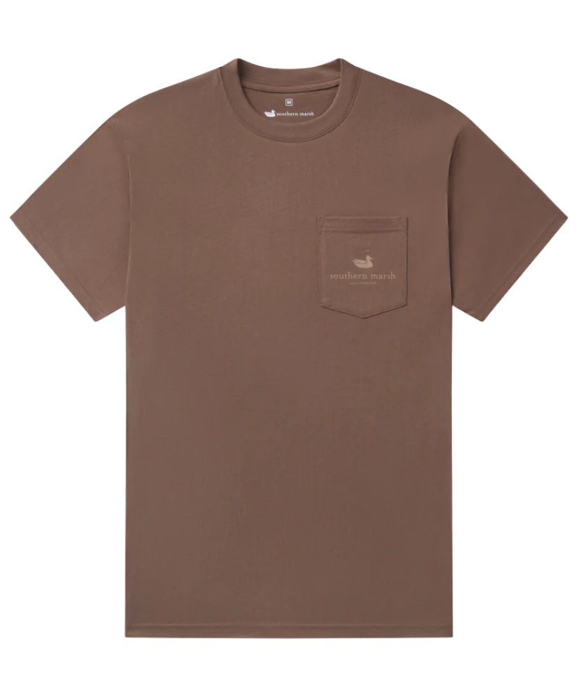 Brown t-shirt with a pocket and logo on a white background