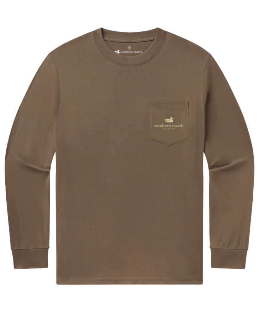 Brown long-sleeve shirt with a pocket and logo on a white background