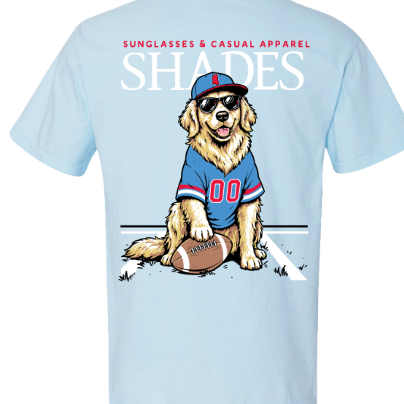 A light blue short-sleeve t-shirt showing the back graphic. The graphic features a cartoon golden retriever wearing a blue and red football jersey, a matching cap, sunglasses, and sitting next to a football.