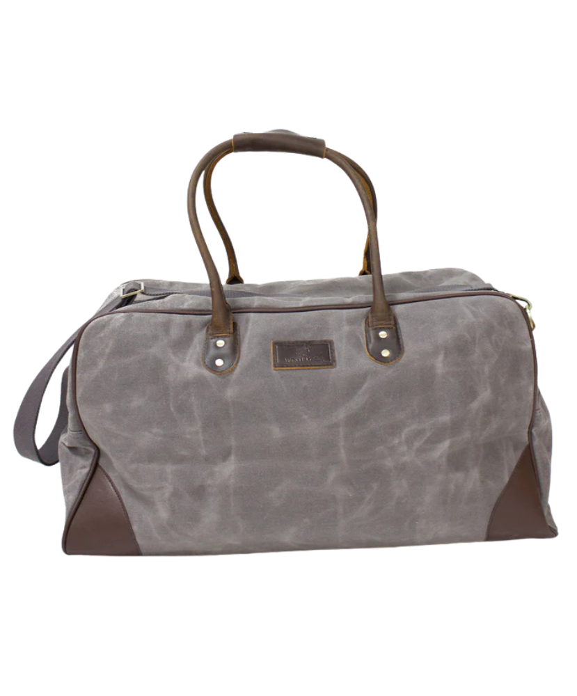 Gray duffel bag with brown handles and accents on a white background