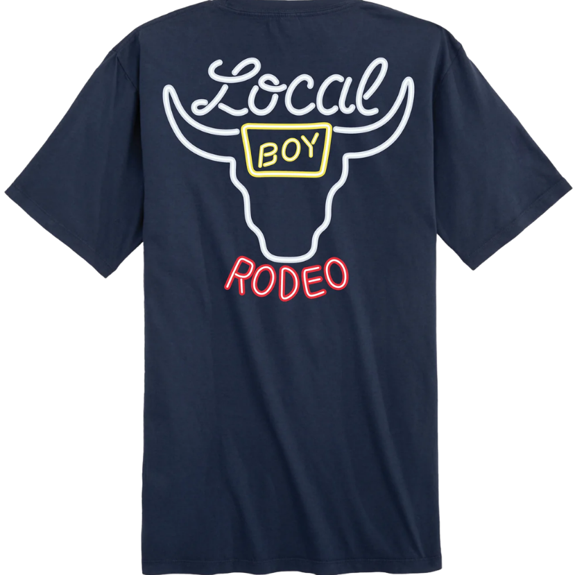 Navy blue t-shirt with 'Local Boy Rodeo' graphic on the back against a white background