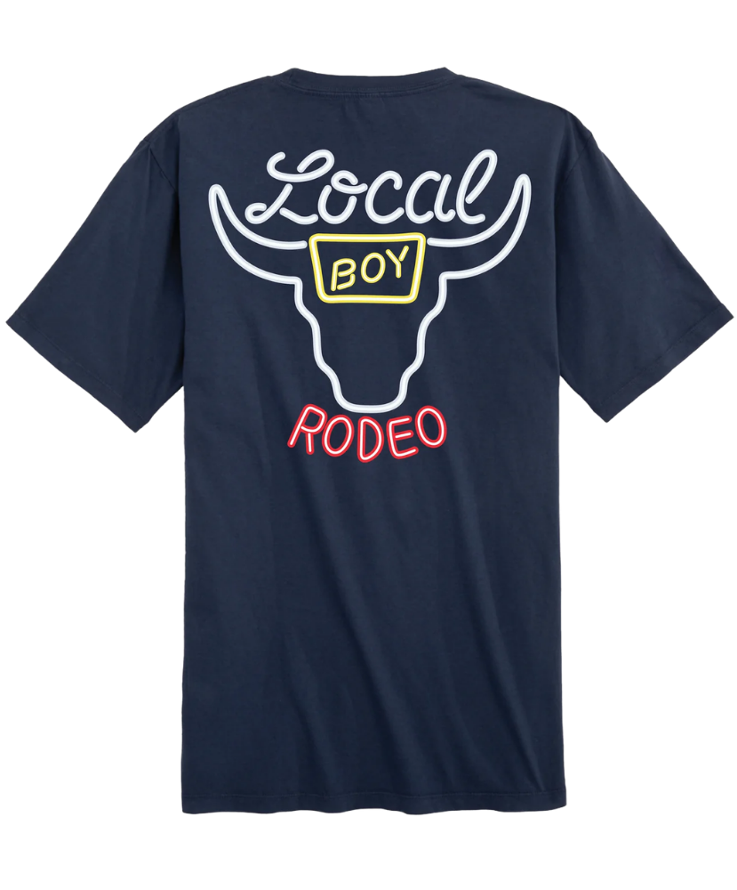 Navy blue t-shirt with 'Local Boy Rodeo' graphic on the back against a white background
