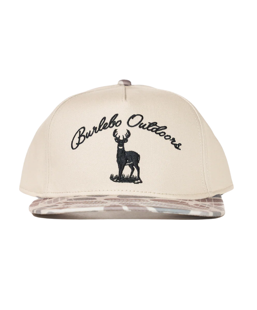 Beige cap with 'Burlebo Outdoors' logo and deer illustration on a white background