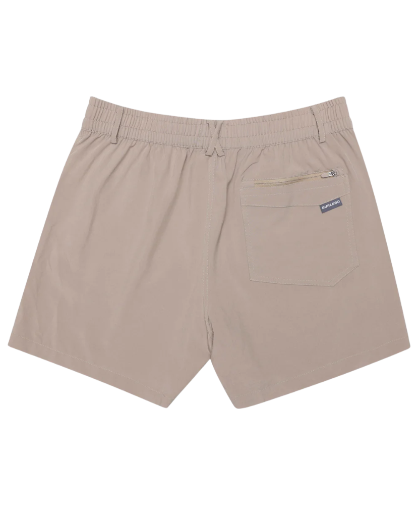 Beige shorts with a brand logo on a white background