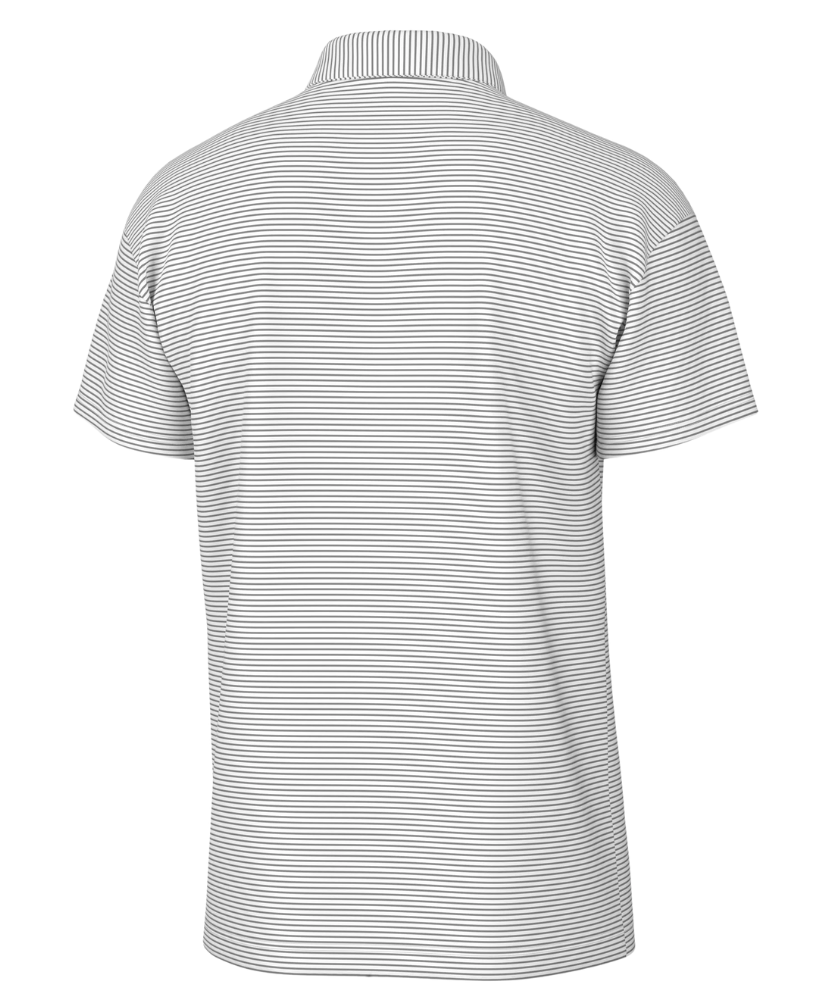 Back view of a gray and white striped polo shirt on a white background
