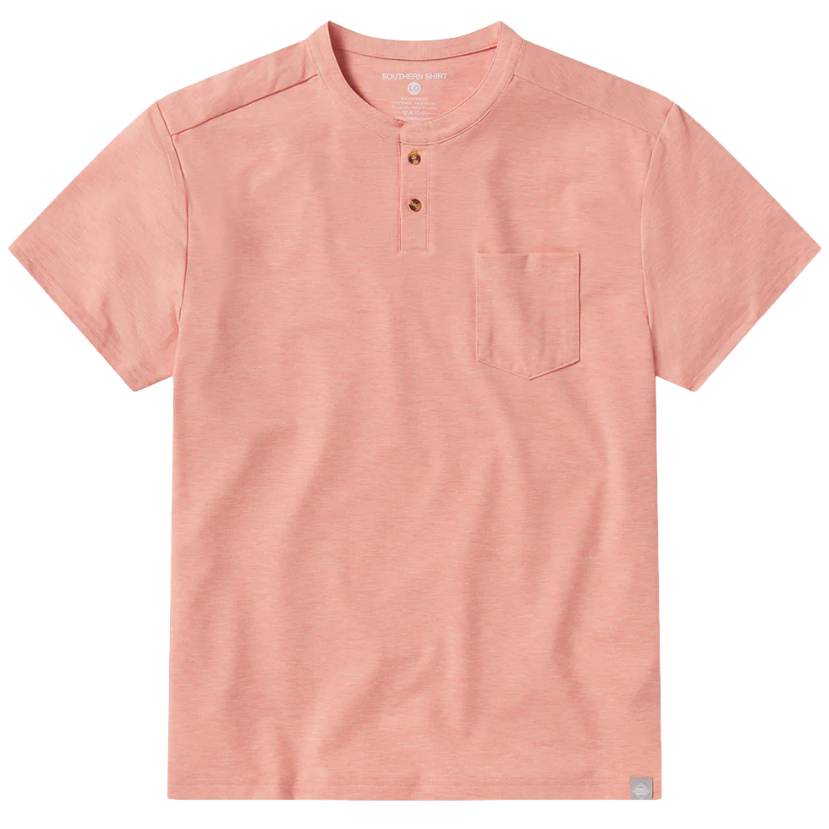 Pink short-sleeve henley shirt with a pocket on a white background
