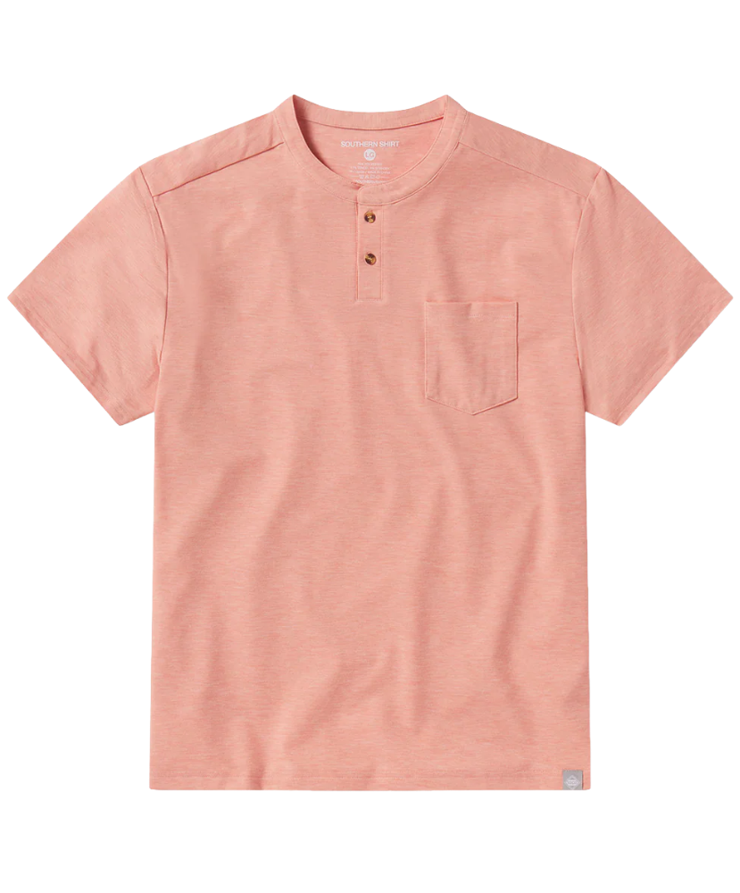 Pink short-sleeve henley shirt with a pocket on a white background