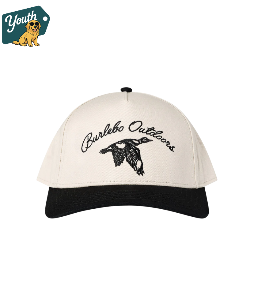 White and black YOUTH cap with 'Burlebo Outdoors' logo on a white background