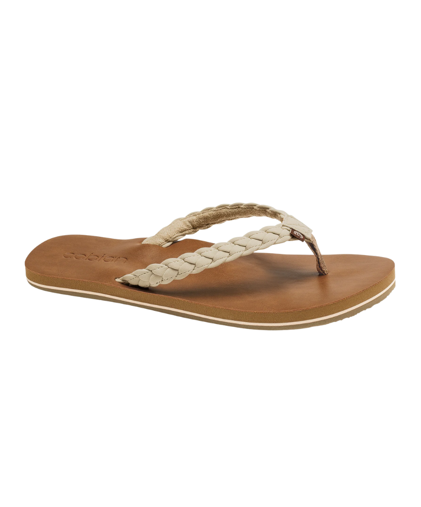 Brown sandal with braided strap on a white background