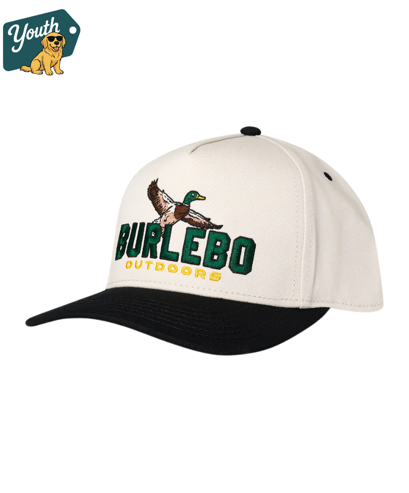 White and black Youth cap with Burlebo Outdoors logo and duck design on a white background