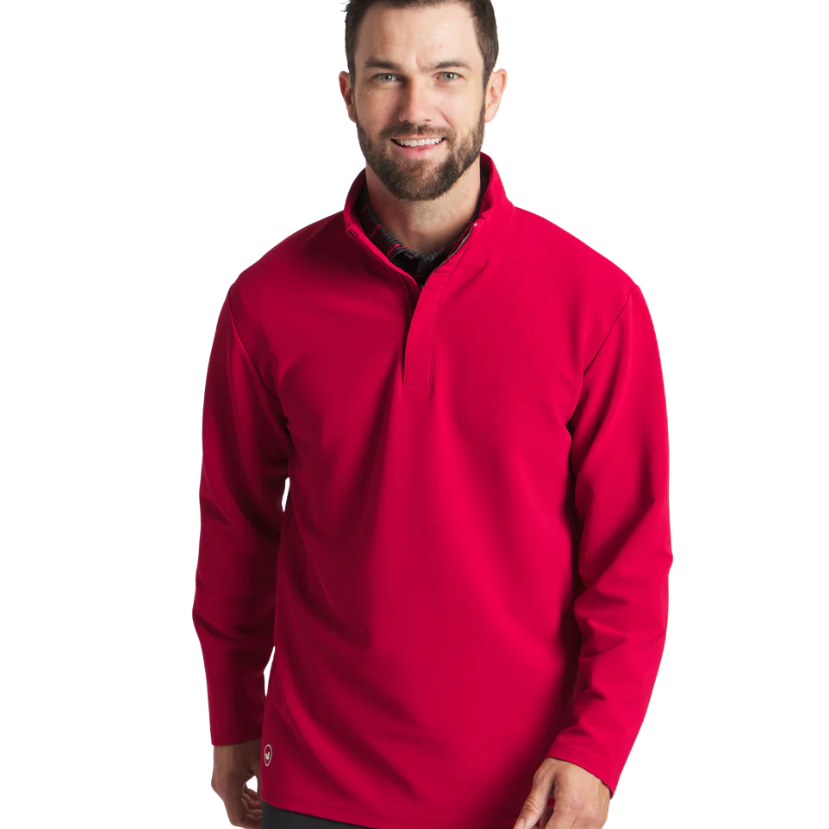 Man wearing a CRIMSON pullover with a white background