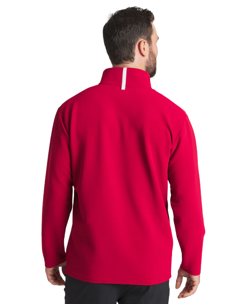 Man wearing a crimson pullover on a white background