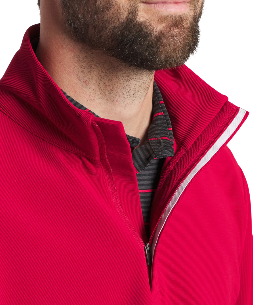 Man wearing a crimson pullover on a white background