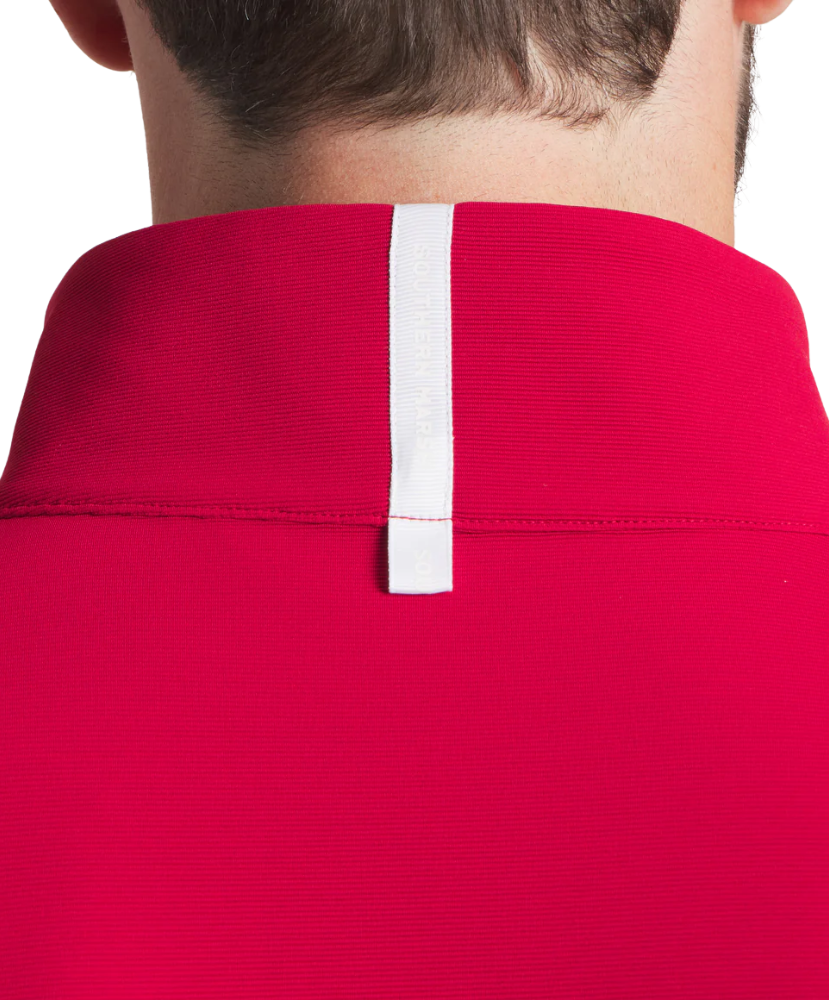 Man wearing a crimson pullover on a white background
