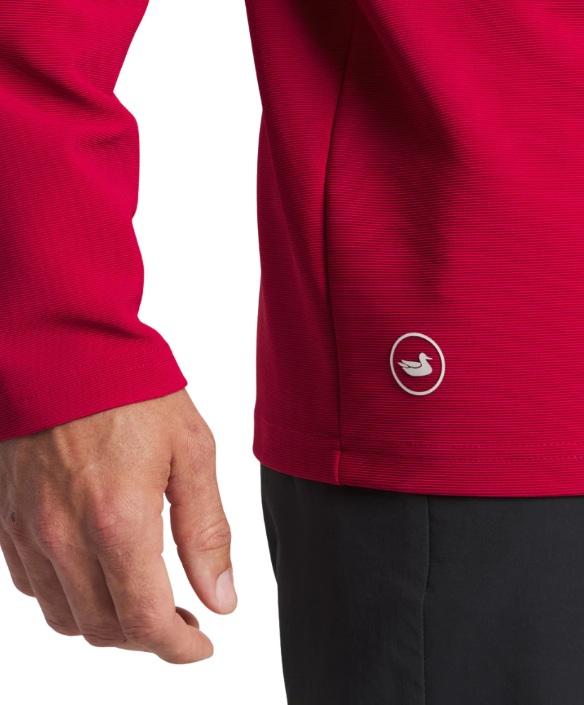 Man wearing a crimson pullover on a white background