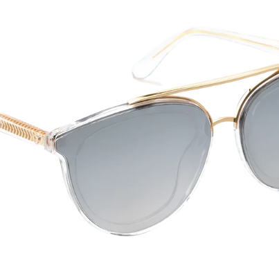 Oversized cat-eye sunglasses with gradient gray lenses, a gold double-bridge metal frame, and clear acetate temples with gold-toned wire detailing.