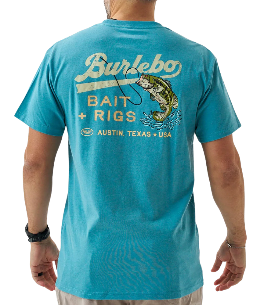 Person wearing a blue t-shirt with a largemouth bass and 'Burlebo Bait + Rigs' branding and graphics.