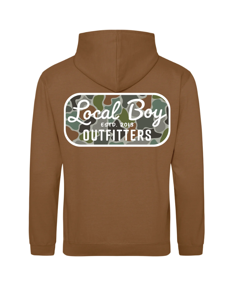 Brown hoodie with 'Local Boy Outfitters' logo on the back