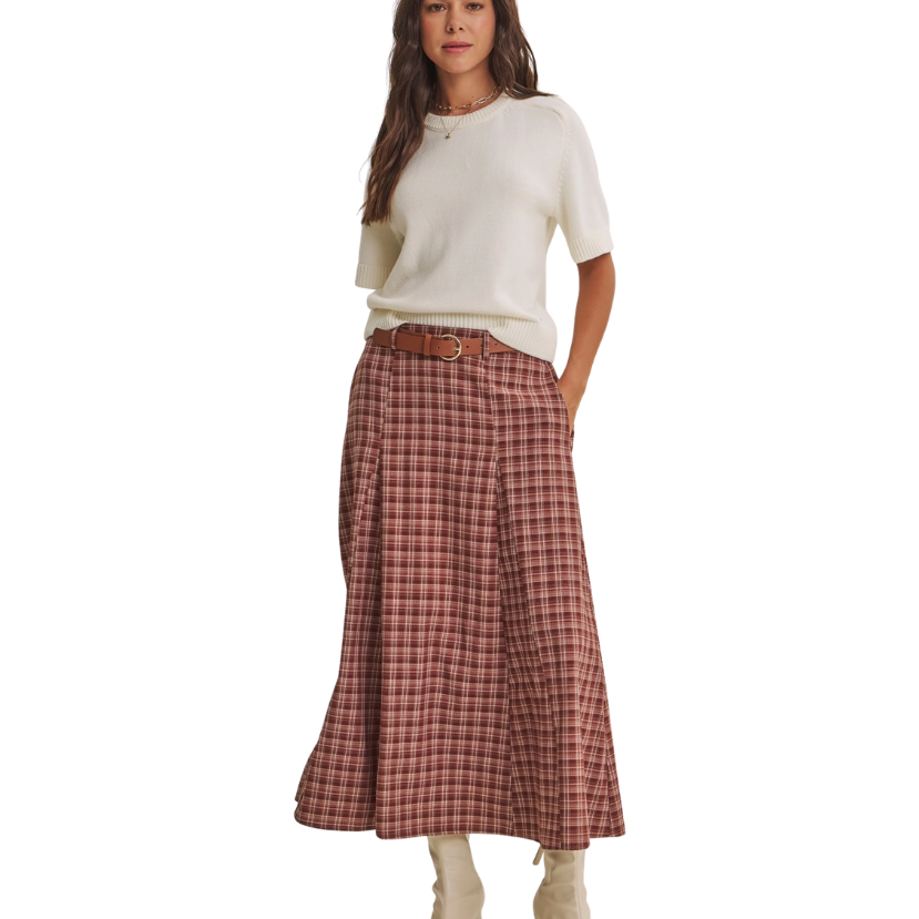 Maple Trail Heritage Plaid Flare Maxi Skirt with Belt