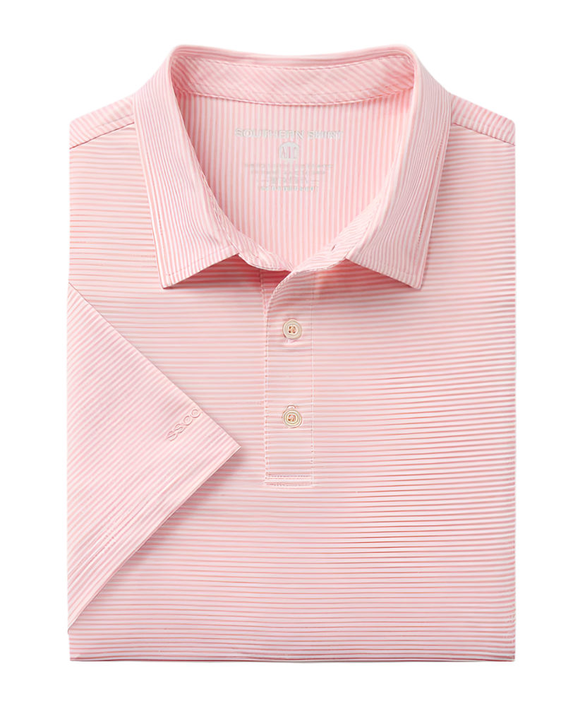 A pink and white striped Southern Shirt Co. polo shirt laid flat on a white background.