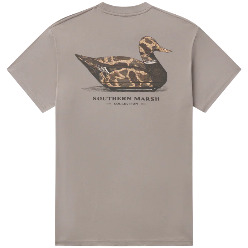 Gray t-shirt with camo duck decoy graphic and 'Southern Marsh' text on a white background