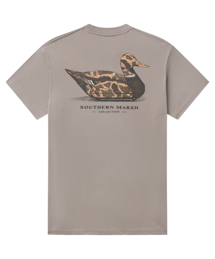 Gray t-shirt with camo duck decoy graphic and 'Southern Marsh' text on a white background