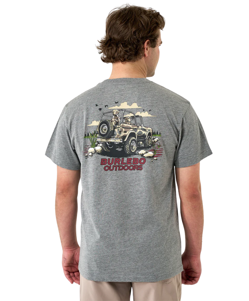 Man wearing a gray t-shirt with a BRONCO graphic design on the back, featuring the brand 'Burlebo Outdoors'.