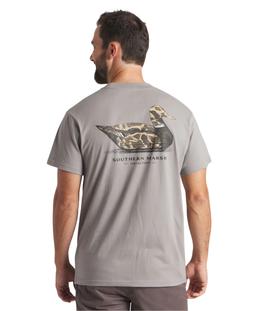 Man wearing a gray t-shirt with a duck design and 'Southern Marsh' text on the back.
