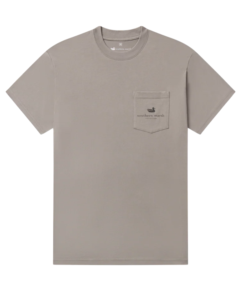 Beige t-shirt with a pocket and logo on a white background