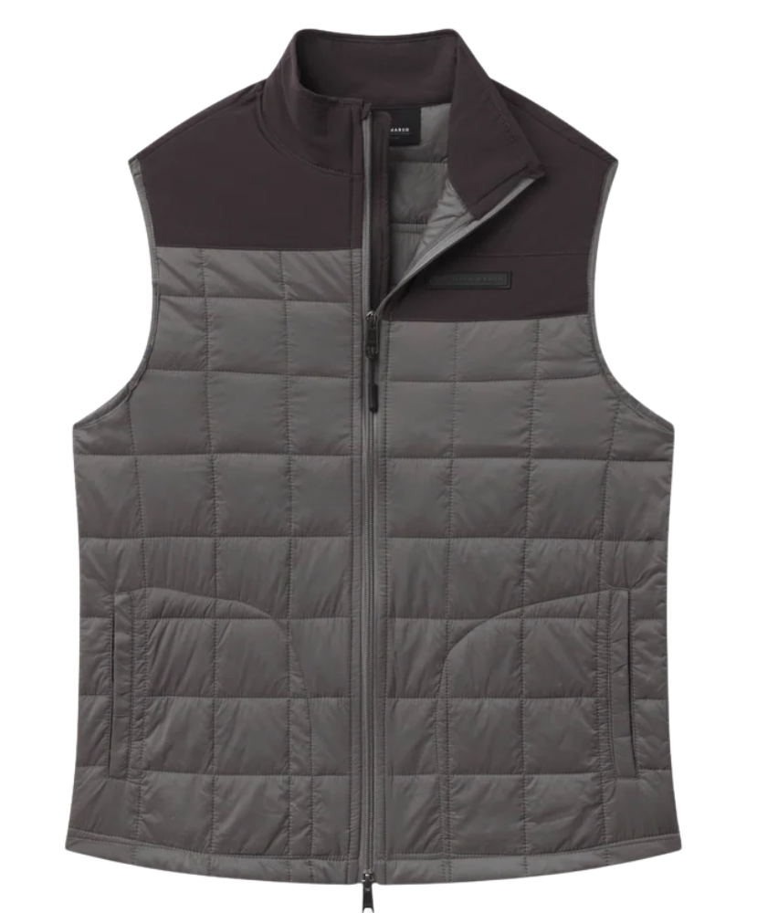 Gray puffer vest with a dark brown collar on a white background