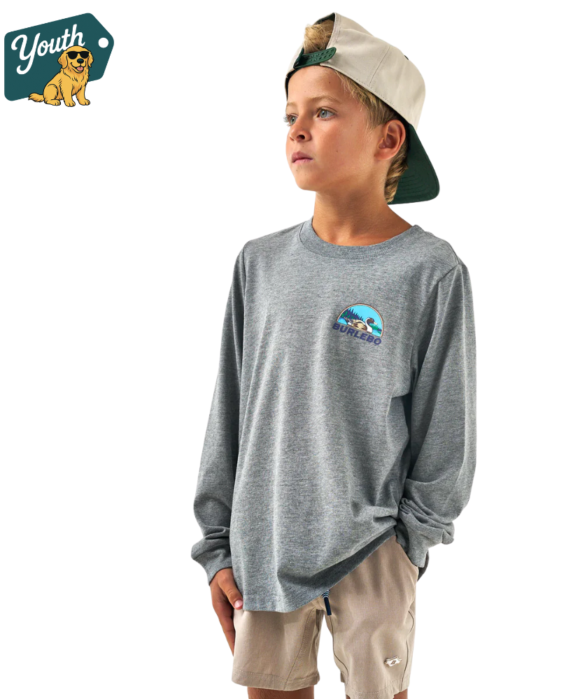 Child wearing a gray long-sleeve shirt with a Burlebo logo, standing against a white background.