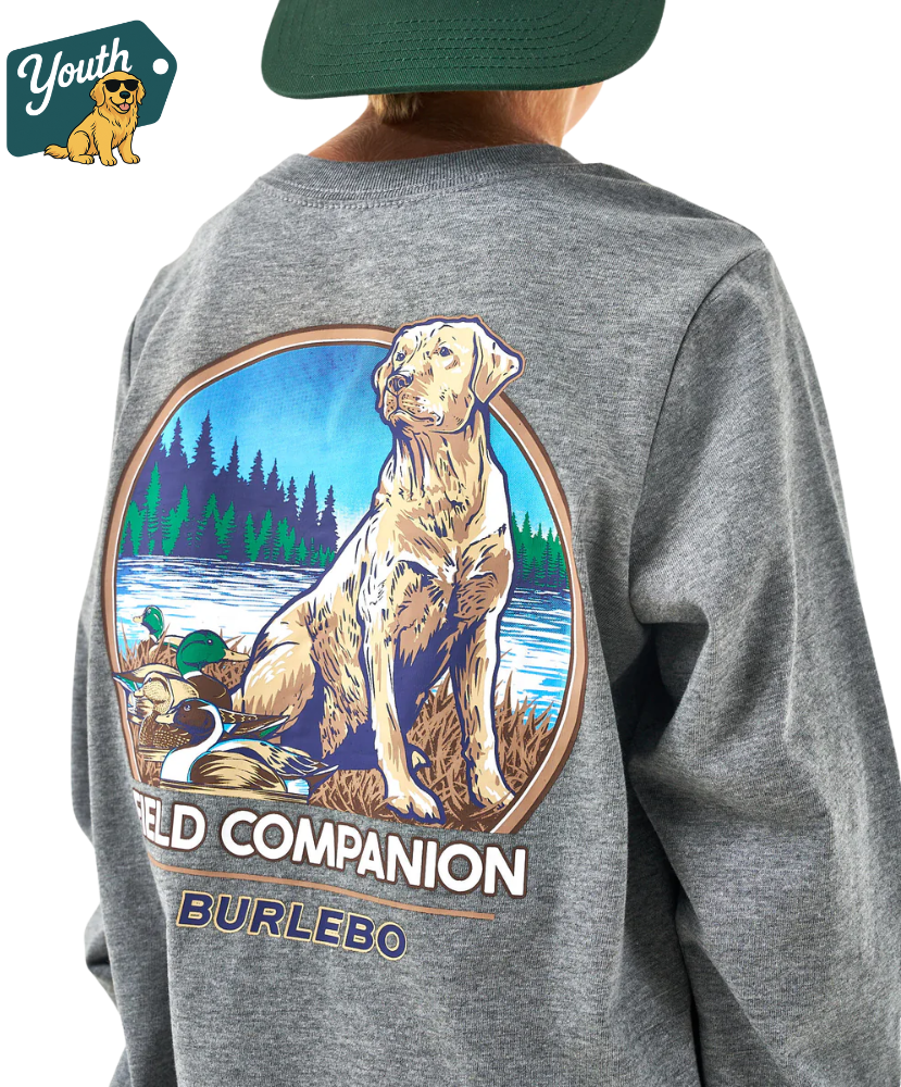 Gray long-sleeve shirt with a dog graphic and 'Field Companion' text on the back, worn by a child.