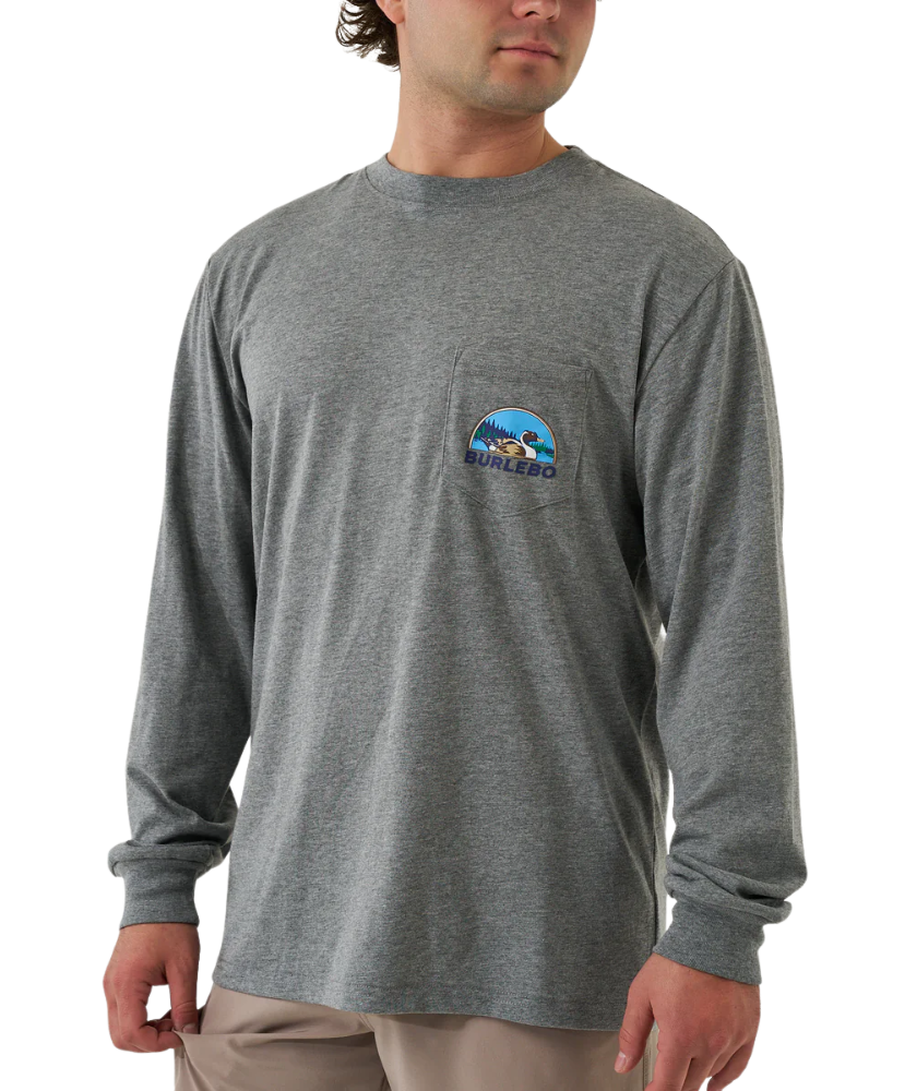 Man wearing a gray long-sleeve shirt with a Burlebo logo on a white background