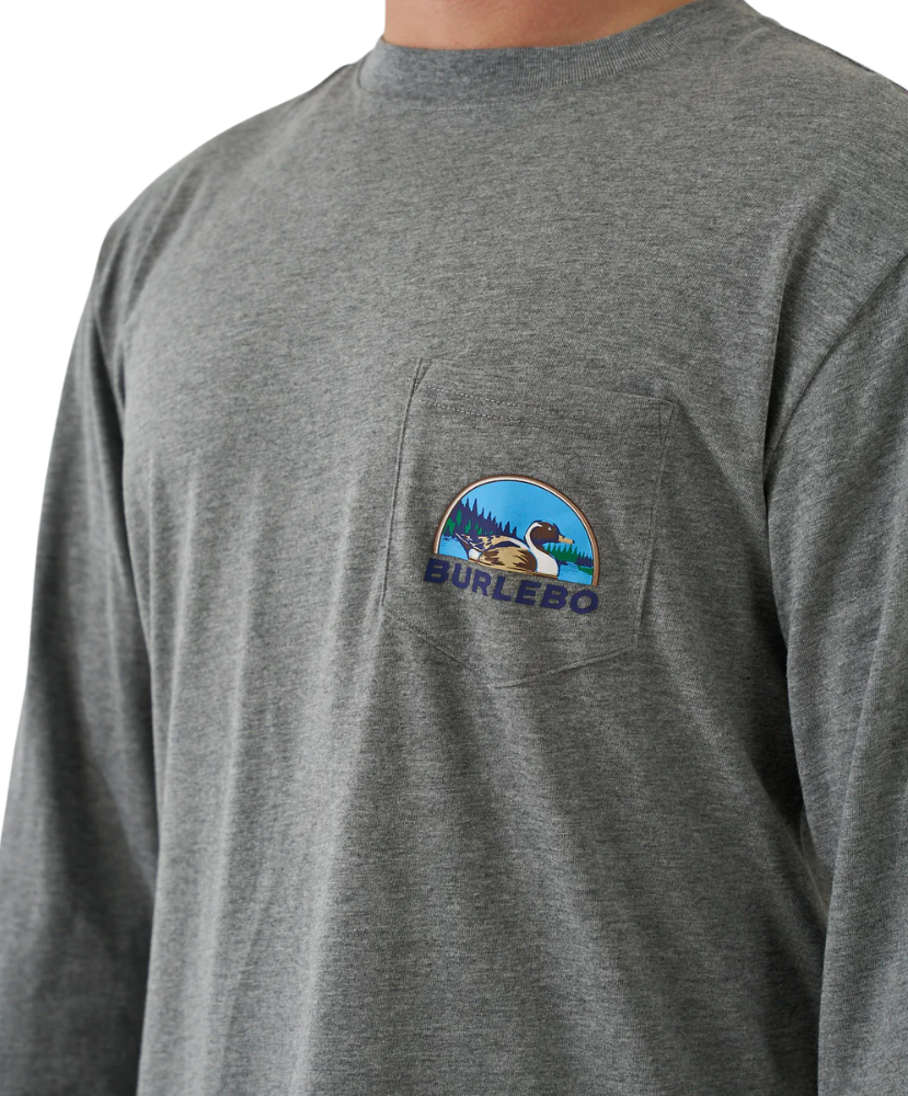 Gray long-sleeve shirt with a Burlebo logo on the chest pocket against a white background