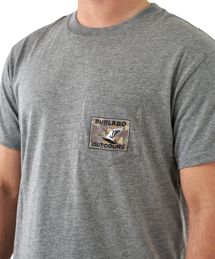 Gray t-shirt with a mallard Burlebo logo on the chest worn by a person