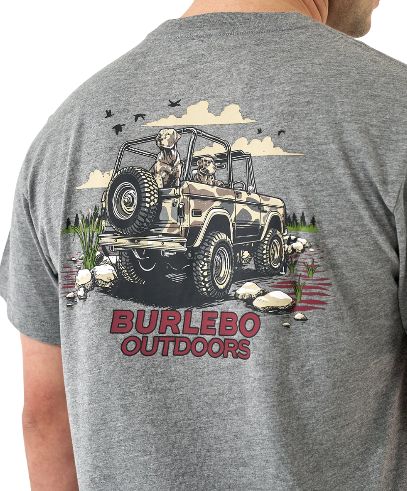Gray t-shirt with a graphic of a vintage bronco and two dogs, featuring the brand 'Burlebo Outdoors'.