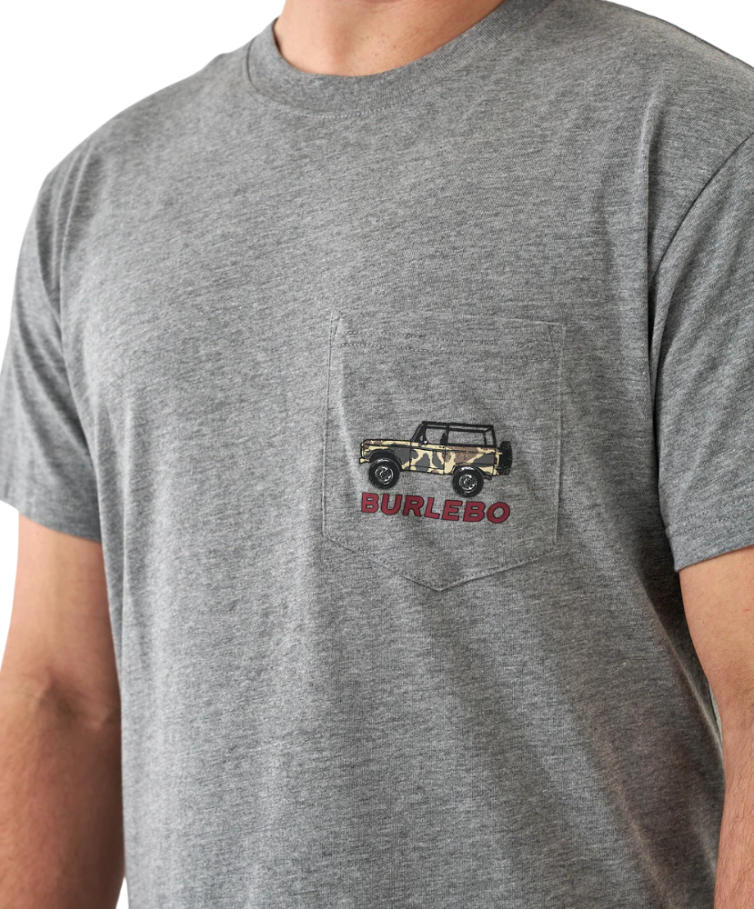 Gray t-shirt with a bronco graphic and 'Burlebo' text on a white background