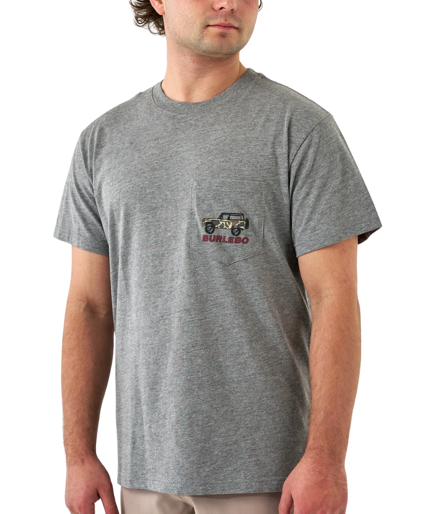 Man wearing a gray t-shirt with a Burlebo logo on a white background