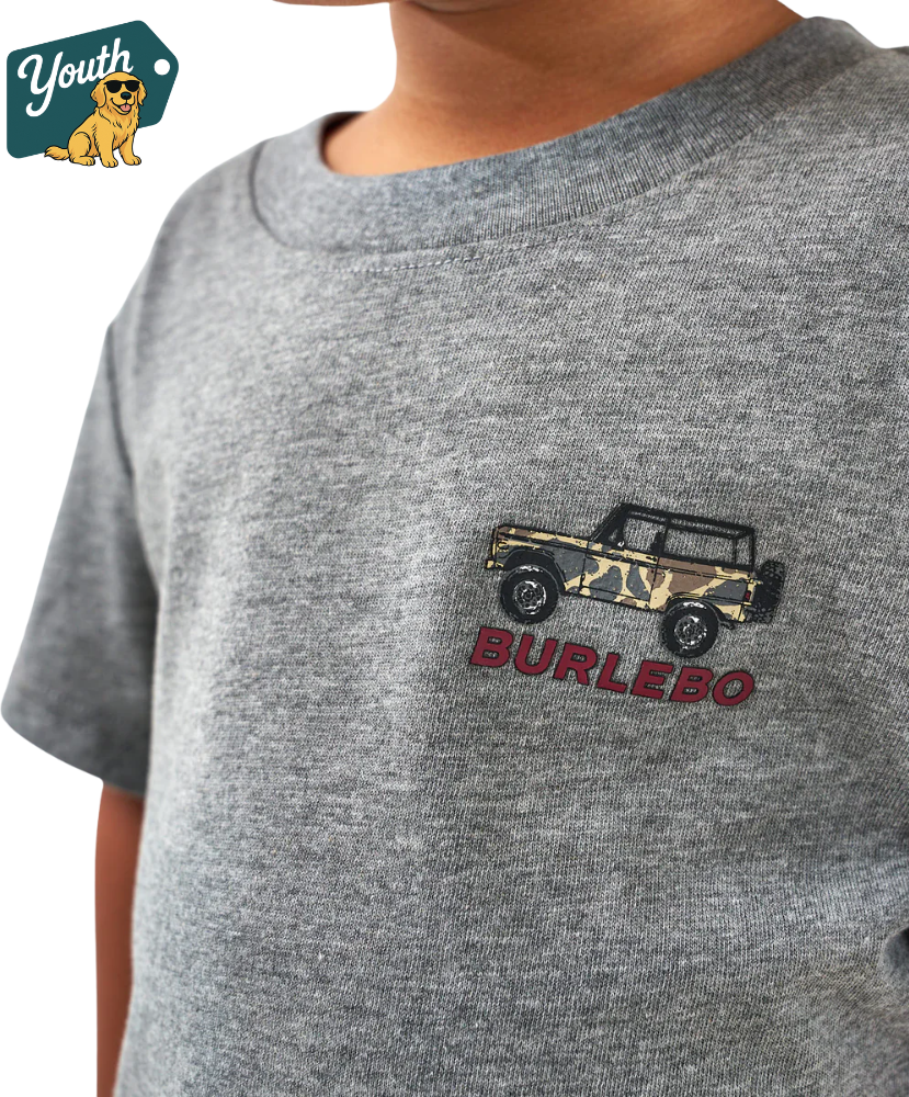 Gray t-shirt with a camouflage bronco jeep and 'Burlebo' logo on a child's chest.