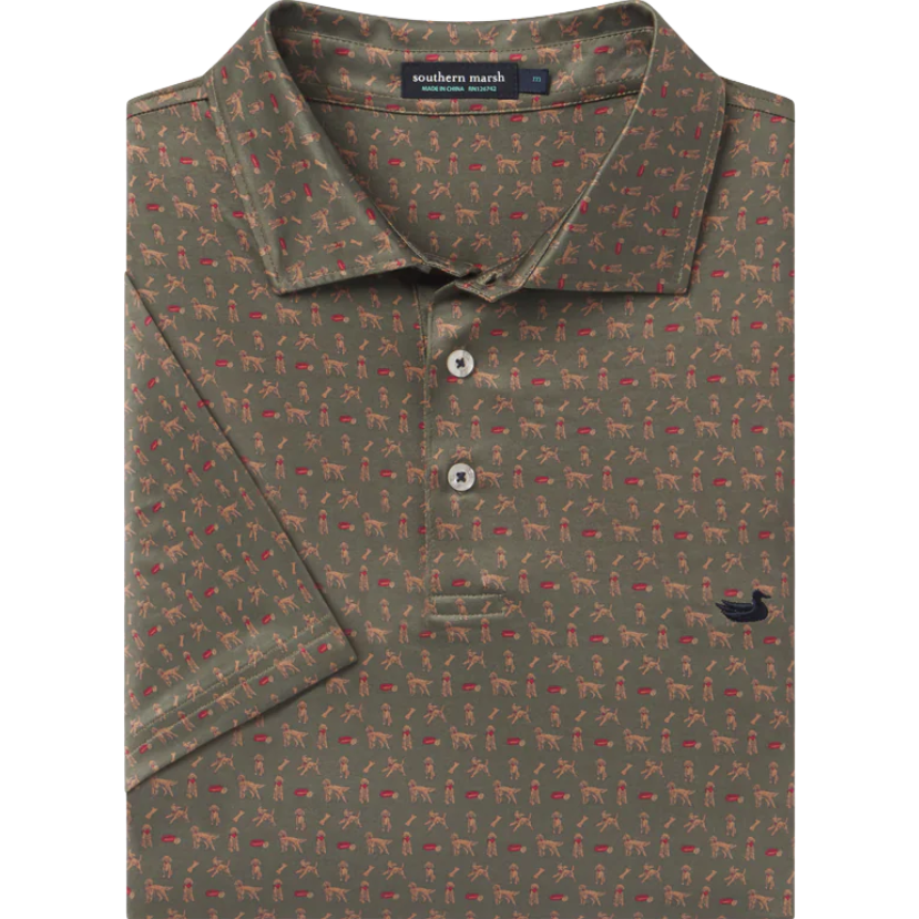 Olive green polo with a golden doodle pattern prnt