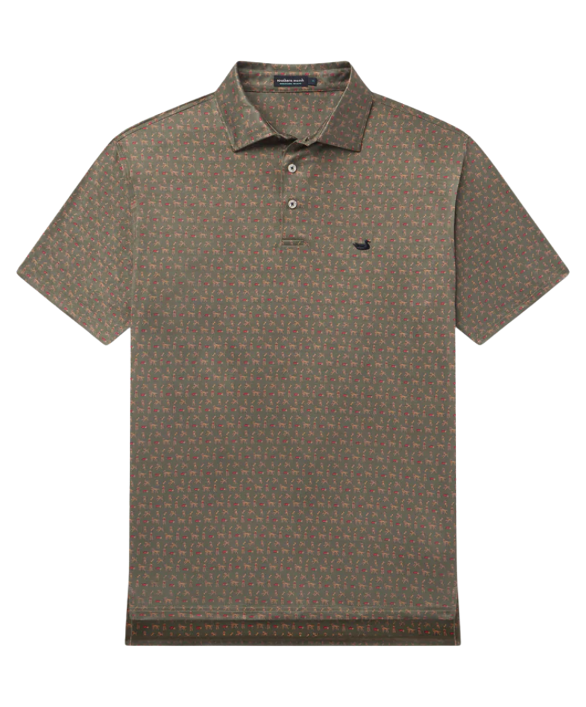 olive green polo with a golden doodle pattern prnt