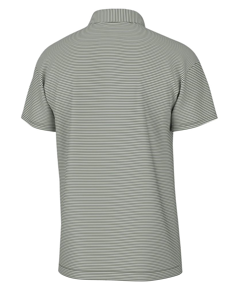 Back view of a gray and white striped polo shirt on a white background