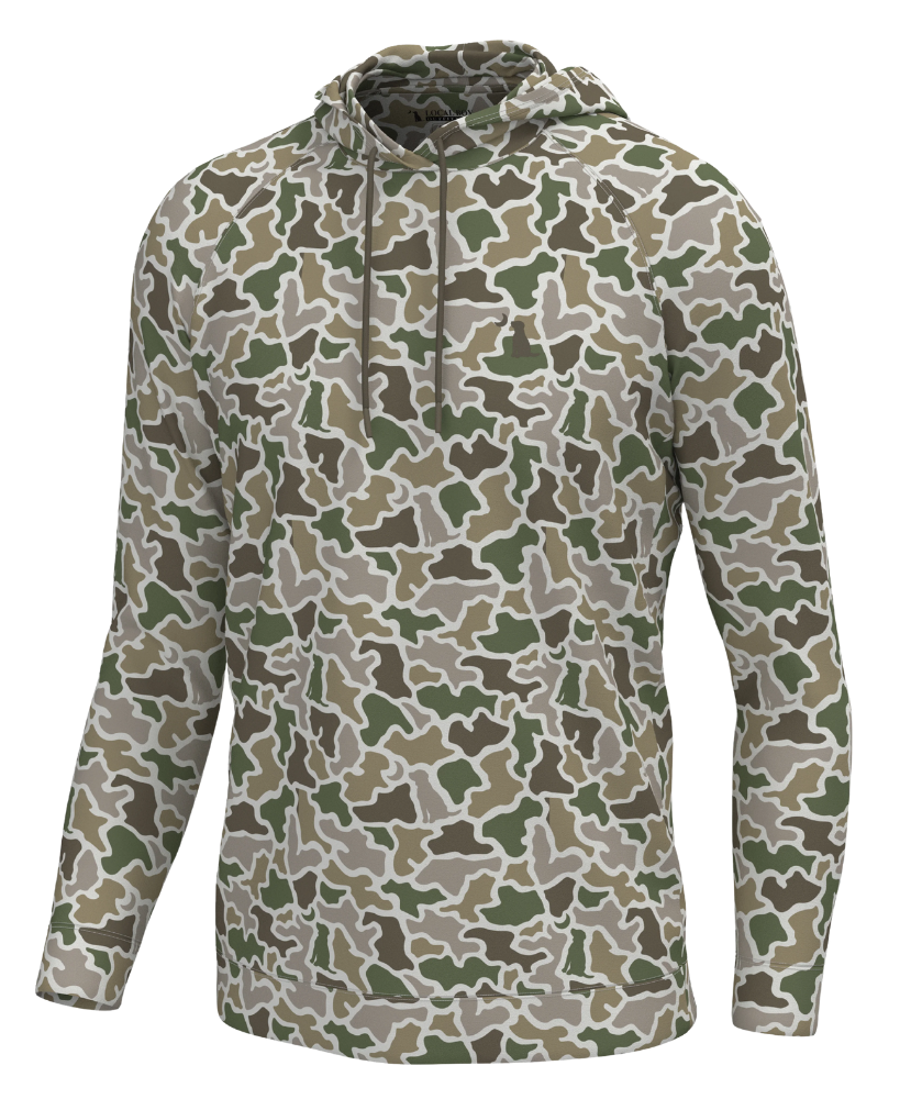 A long-sleeve hooded pullover top with an all-over camouflage pattern in olive green, tan, brown, and off-white, shown on a plain white background.