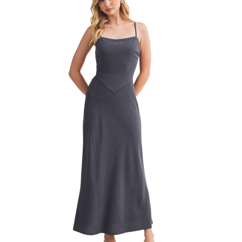 Woman wearing a dark BLUE Scarf Top Dress on a white background