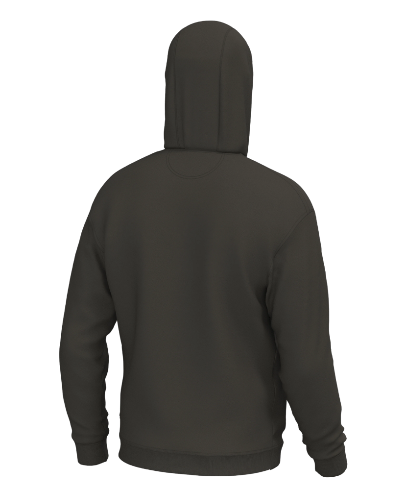 A BROWN pullover hoodie with a drawstring hood, kangaroo pocket, and a small white rectangular logo patch on the left chest. The inside of the hood features a contrasting camouflage pattern.
