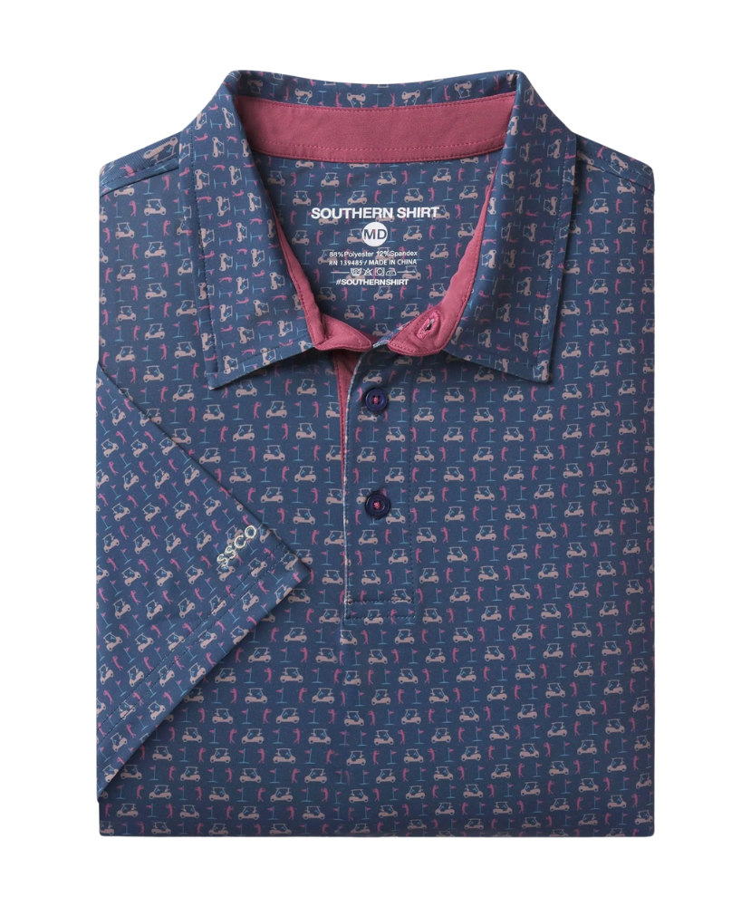 Blue Golf Cart patterned shirt with pink inner lining and Southern Shirt label on a white background