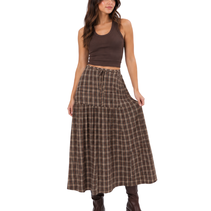 Prairie Afternoon Flared Plaid Maxi Skirt with Waist Belt