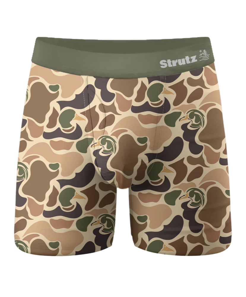 Camouflage-patterned underwear with Strutz branding on a white background